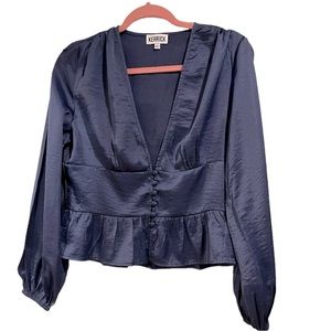Kerrick Long Sleeve Satin Blouse Navy Blue Size Large NWOT‎
